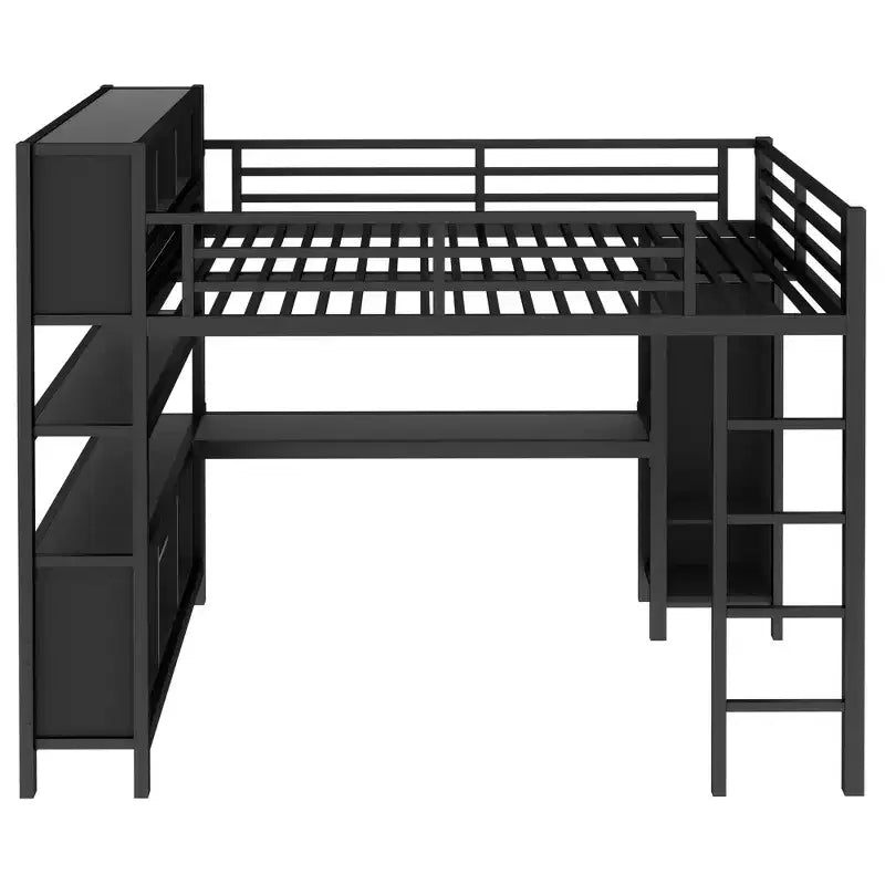 Full/Queen Size Metal Loft Bed with Wardrobe and L-Shaped Desk, Heavy-Duty Loft Bed with Storage Cubes and Shelves, White/Black - ModernLuxe