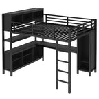 Full/Queen Size Metal Loft Bed with Wardrobe and L-Shaped Desk, Heavy-Duty Loft Bed with Storage Cubes and Shelves, White/Black - ModernLuxe