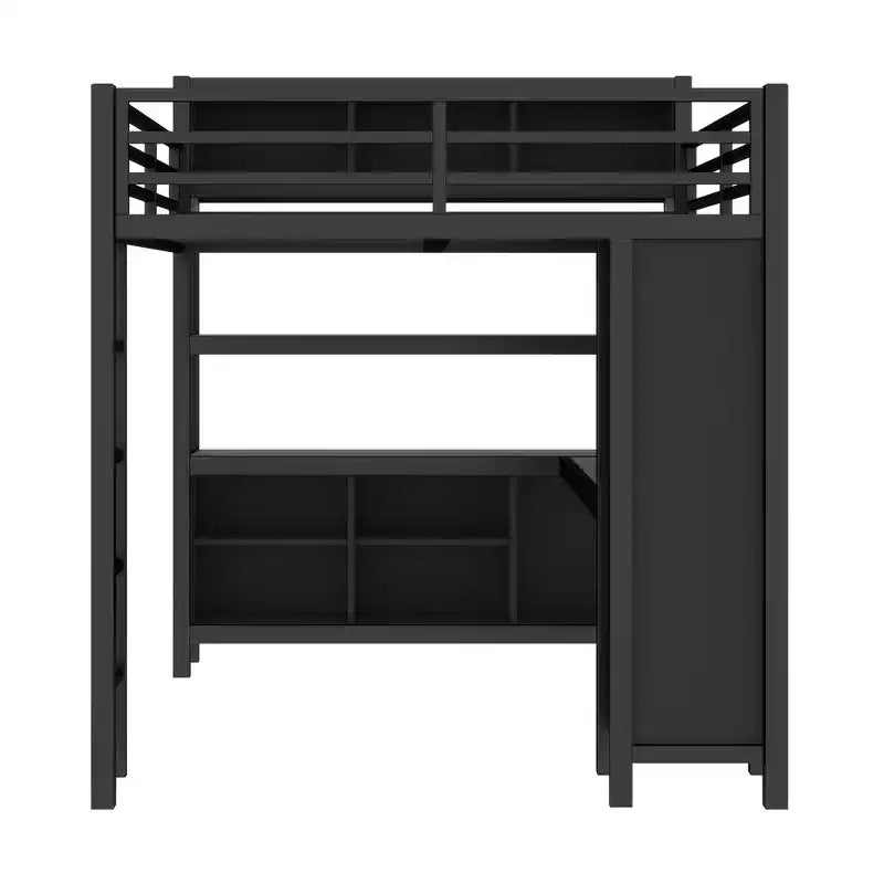 Full/Queen Size Metal Loft Bed with Wardrobe and L-Shaped Desk, Heavy-Duty Loft Bed with Storage Cubes and Shelves, White/Black - ModernLuxe