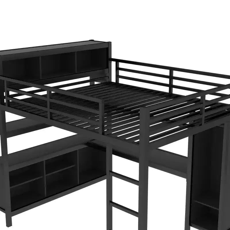 Full/Queen Size Metal Loft Bed with Wardrobe and L-Shaped Desk, Heavy-Duty Loft Bed with Storage Cubes and Shelves, White/Black - ModernLuxe