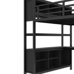 Full/Queen Size Metal Loft Bed with Wardrobe and L-Shaped Desk, Heavy-Duty Loft Bed with Storage Cubes and Shelves, White/Black - ModernLuxe
