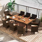 Costway 9PCS Patio Rattan Dining Set Armrest Cushioned Chair with Acacia Wood Table, 1.96 Umbrella Hole