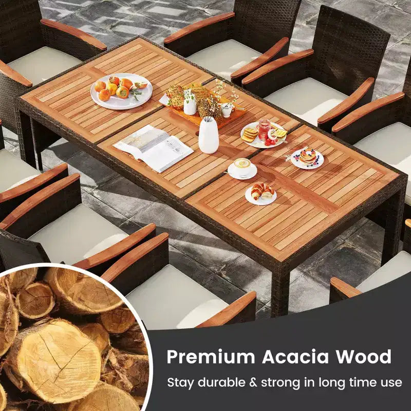 Costway 9PCS Patio Rattan Dining Set Armrest Cushioned Chair with Acacia Wood Table, 1.96 Umbrella Hole