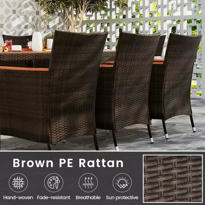 Costway 9PCS Patio Rattan Dining Set Armrest Cushioned Chair with Acacia Wood Table, 1.96 Umbrella Hole