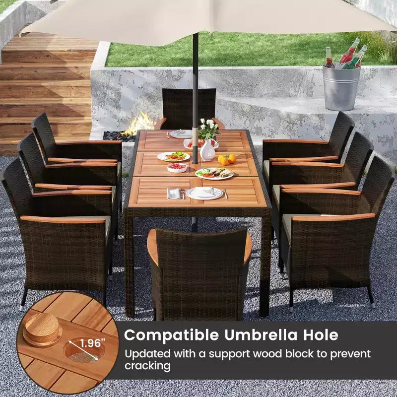 Costway 9PCS Patio Rattan Dining Set Armrest Cushioned Chair with Acacia Wood Table, 1.96 Umbrella Hole