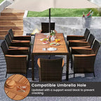 Costway 9PCS Patio Rattan Dining Set Armrest Cushioned Chair with Acacia Wood Table, 1.96 Umbrella Hole