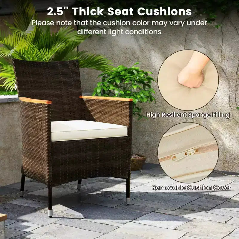 Costway 9PCS Patio Rattan Dining Set Armrest Cushioned Chair with Acacia Wood Table, 1.96 Umbrella Hole