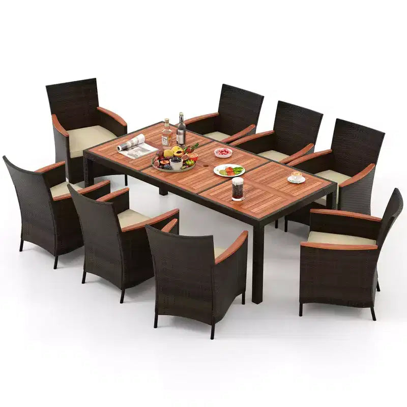 Costway 9PCS Patio Rattan Dining Set Armrest Cushioned Chair with Acacia Wood Table, 1.96 Umbrella Hole