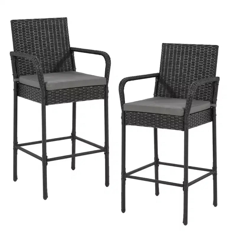 EROMMY Outdoor Patio Wicker Bar Stools Set Of 2, Pe Wicker Rattan Bar Stools With Removable Cushions, Ergonomic Armrests & Backrest