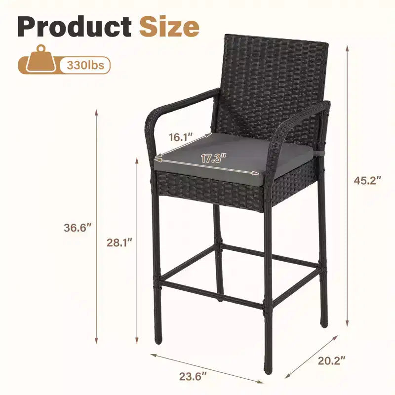 EROMMY Outdoor Patio Wicker Bar Stools Set Of 2, Pe Wicker Rattan Bar Stools With Removable Cushions, Ergonomic Armrests & Backrest