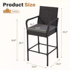 EROMMY Outdoor Patio Wicker Bar Stools Set Of 2, Pe Wicker Rattan Bar Stools With Removable Cushions, Ergonomic Armrests & Backrest