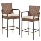 EROMMY Outdoor Patio Wicker Bar Stools Set Of 2, Pe Wicker Rattan Bar Stools With Removable Cushions, Ergonomic Armrests & Backrest