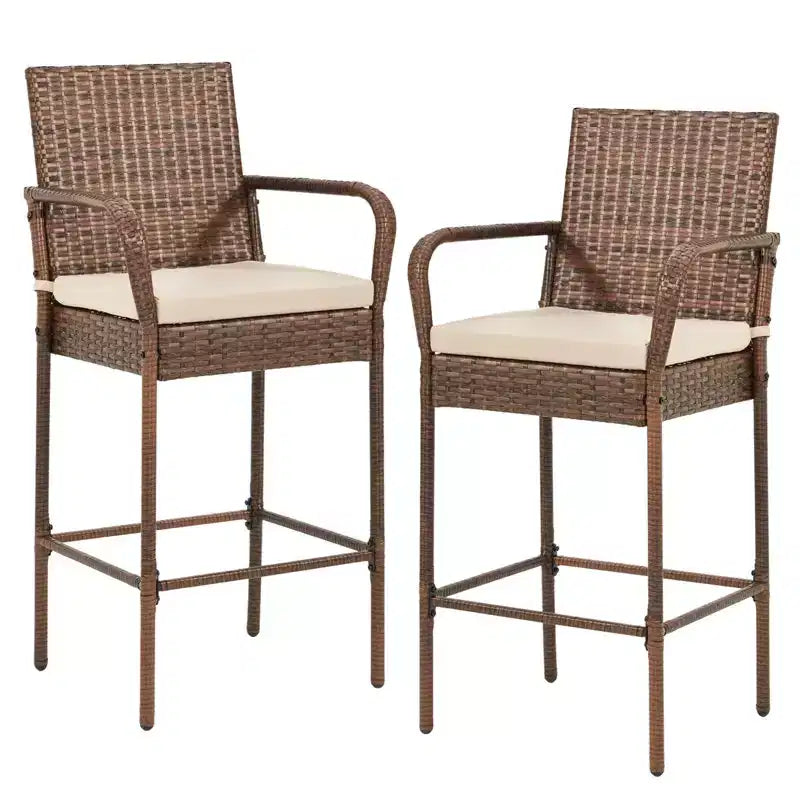 EROMMY Outdoor Patio Wicker Bar Stools Set Of 2, Pe Wicker Rattan Bar Stools With Removable Cushions, Ergonomic Armrests & Backrest