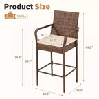EROMMY Outdoor Patio Wicker Bar Stools Set Of 2, Pe Wicker Rattan Bar Stools With Removable Cushions, Ergonomic Armrests & Backrest