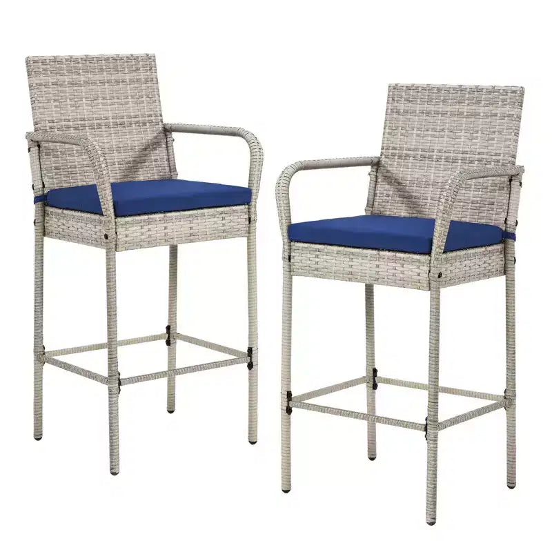 EROMMY Outdoor Patio Wicker Bar Stools Set Of 2, Pe Wicker Rattan Bar Stools With Removable Cushions, Ergonomic Armrests & Backrest
