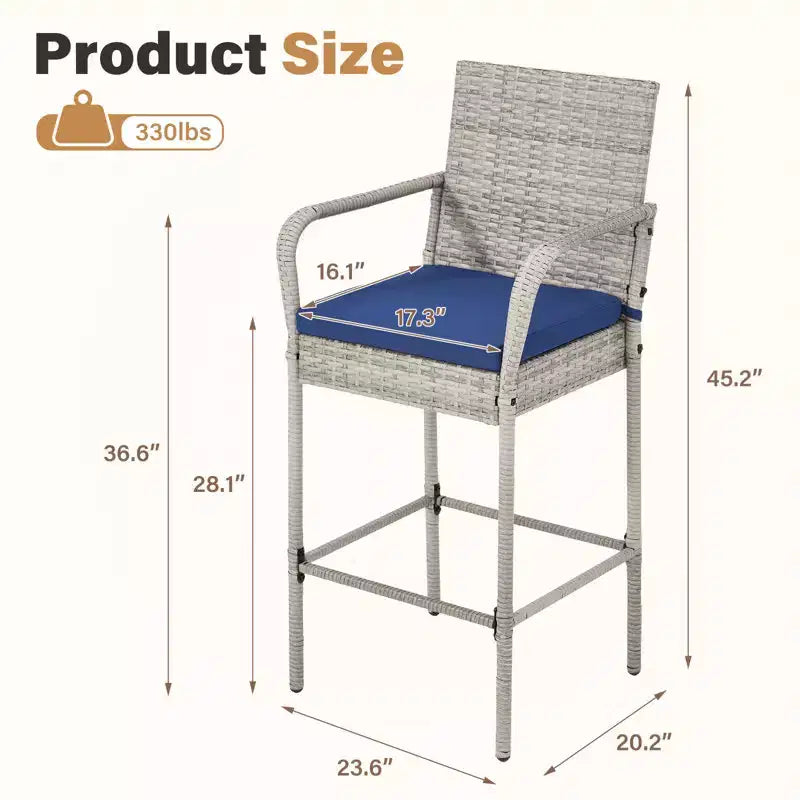 EROMMY Outdoor Patio Wicker Bar Stools Set Of 2, Pe Wicker Rattan Bar Stools With Removable Cushions, Ergonomic Armrests & Backrest