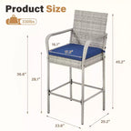 EROMMY Outdoor Patio Wicker Bar Stools Set Of 2, Pe Wicker Rattan Bar Stools With Removable Cushions, Ergonomic Armrests & Backrest