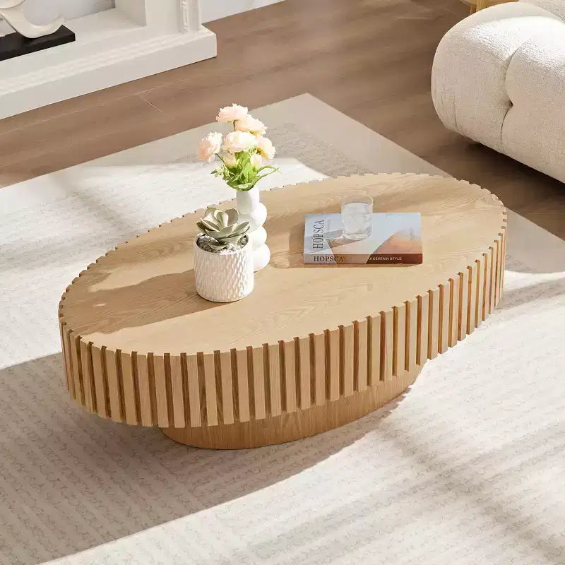 Oval/Square Coffee Table Minimalist Fluted Center Table Accent Table, Natural Ash/Walnut/Matt Black-ModernLuxe