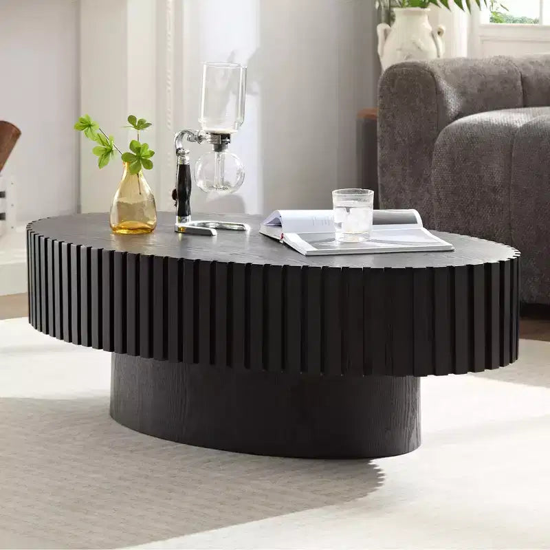 Oval/Square Coffee Table Minimalist Fluted Center Table Accent Table, Natural Ash/Walnut/Matt Black-ModernLuxe