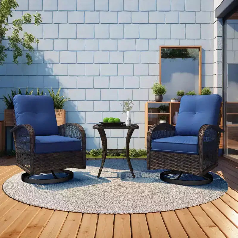 EROMMY Outdoor Swivel Rocker Bistro Set - 3 Piece Wicker Patio Set With 2 Swivel Rocking Chairs, Cushions, And Tempered Glass Side Table