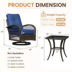 EROMMY Outdoor Swivel Rocker Bistro Set - 3 Piece Wicker Patio Set With 2 Swivel Rocking Chairs, Cushions, And Tempered Glass Side Table