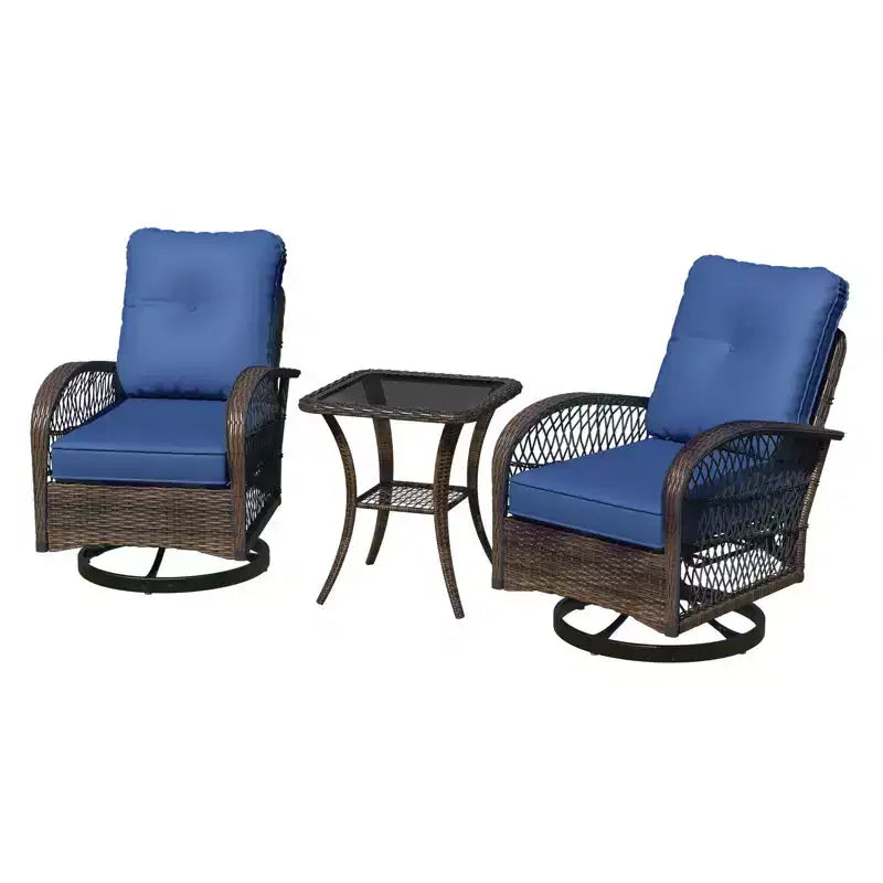 EROMMY Outdoor Swivel Rocker Bistro Set - 3 Piece Wicker Patio Set With 2 Swivel Rocking Chairs, Cushions, And Tempered Glass Side Table