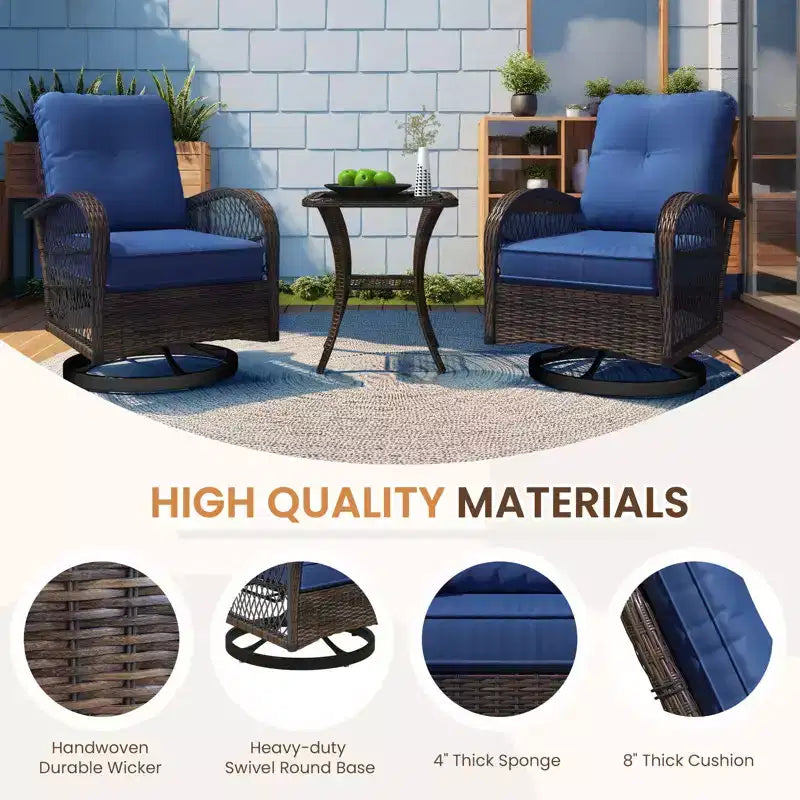 EROMMY Outdoor Swivel Rocker Bistro Set - 3 Piece Wicker Patio Set With 2 Swivel Rocking Chairs, Cushions, And Tempered Glass Side Table
