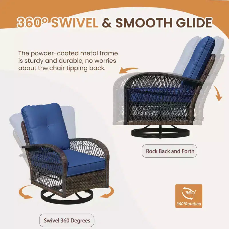 EROMMY Outdoor Swivel Rocker Bistro Set - 3 Piece Wicker Patio Set With 2 Swivel Rocking Chairs, Cushions, And Tempered Glass Side Table