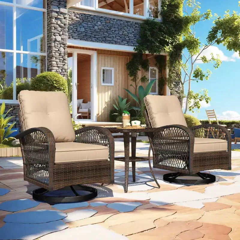 EROMMY Outdoor Swivel Rocker Bistro Set - 3 Piece Wicker Patio Set With 2 Swivel Rocking Chairs, Cushions, And Tempered Glass Side Table