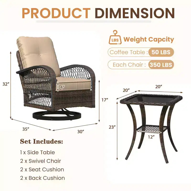 EROMMY Outdoor Swivel Rocker Bistro Set - 3 Piece Wicker Patio Set With 2 Swivel Rocking Chairs, Cushions, And Tempered Glass Side Table