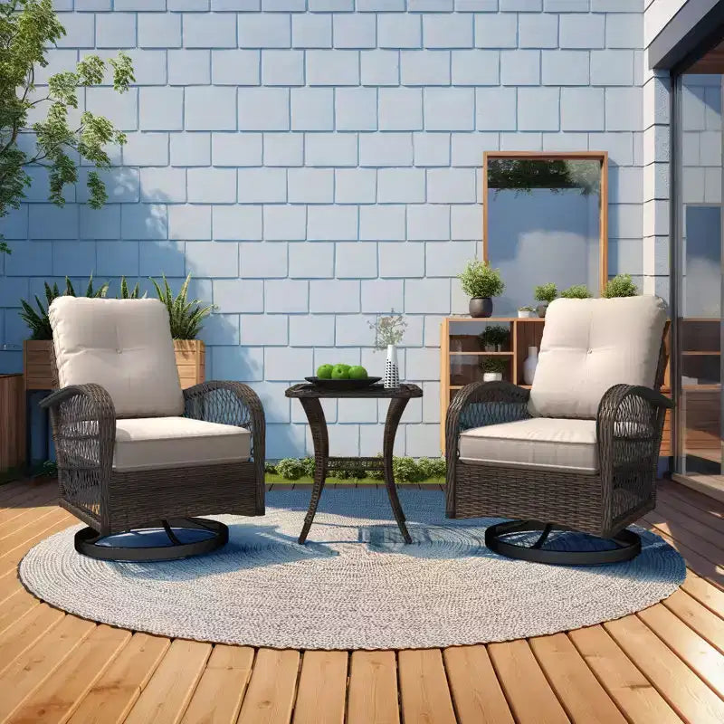 EROMMY Outdoor Swivel Rocker Bistro Set - 3 Piece Wicker Patio Set With 2 Swivel Rocking Chairs, Cushions, And Tempered Glass Side Table