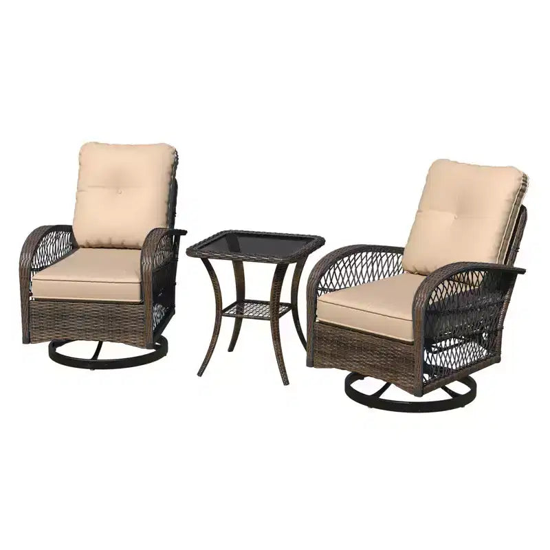 EROMMY Outdoor Swivel Rocker Bistro Set - 3 Piece Wicker Patio Set With 2 Swivel Rocking Chairs, Cushions, And Tempered Glass Side Table