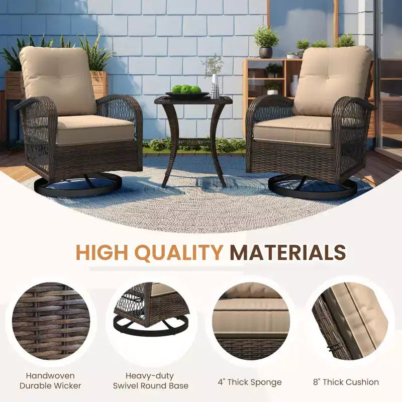 EROMMY Outdoor Swivel Rocker Bistro Set - 3 Piece Wicker Patio Set With 2 Swivel Rocking Chairs, Cushions, And Tempered Glass Side Table