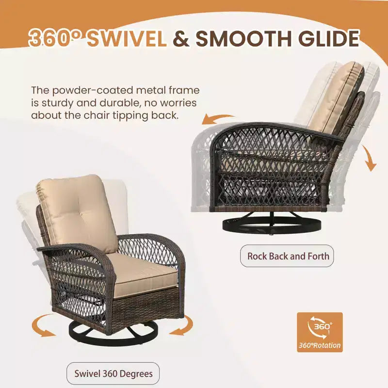 EROMMY Outdoor Swivel Rocker Bistro Set - 3 Piece Wicker Patio Set With 2 Swivel Rocking Chairs, Cushions, And Tempered Glass Side Table
