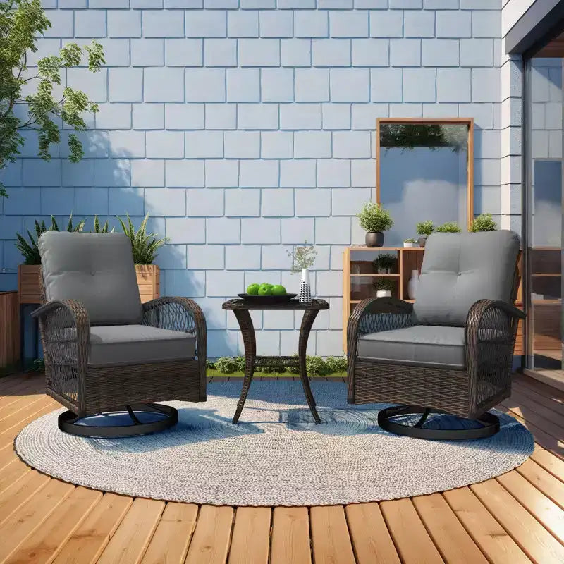 EROMMY Outdoor Swivel Rocker Bistro Set - 3 Piece Wicker Patio Set With 2 Swivel Rocking Chairs, Cushions, And Tempered Glass Side Table