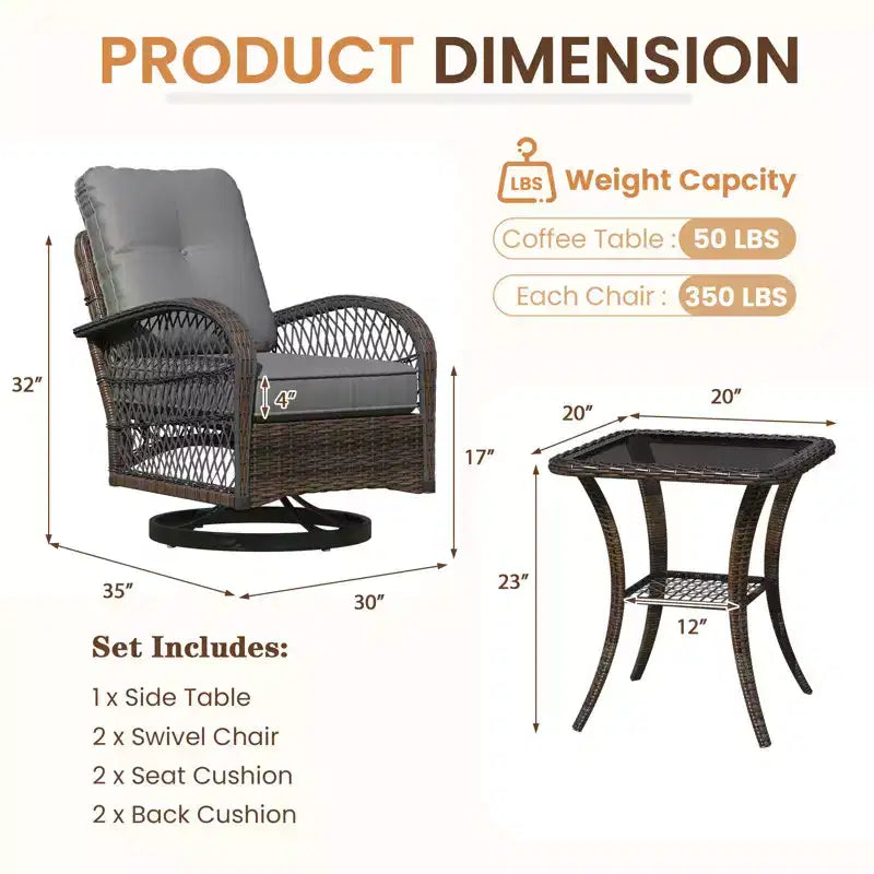 EROMMY Outdoor Swivel Rocker Bistro Set - 3 Piece Wicker Patio Set With 2 Swivel Rocking Chairs, Cushions, And Tempered Glass Side Table