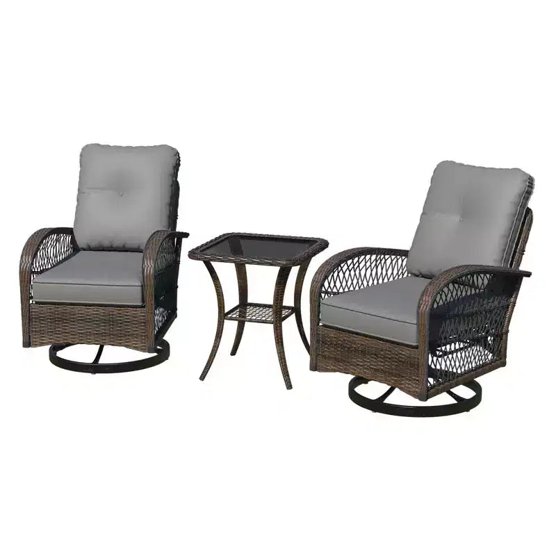 EROMMY Outdoor Swivel Rocker Bistro Set - 3 Piece Wicker Patio Set With 2 Swivel Rocking Chairs, Cushions, And Tempered Glass Side Table