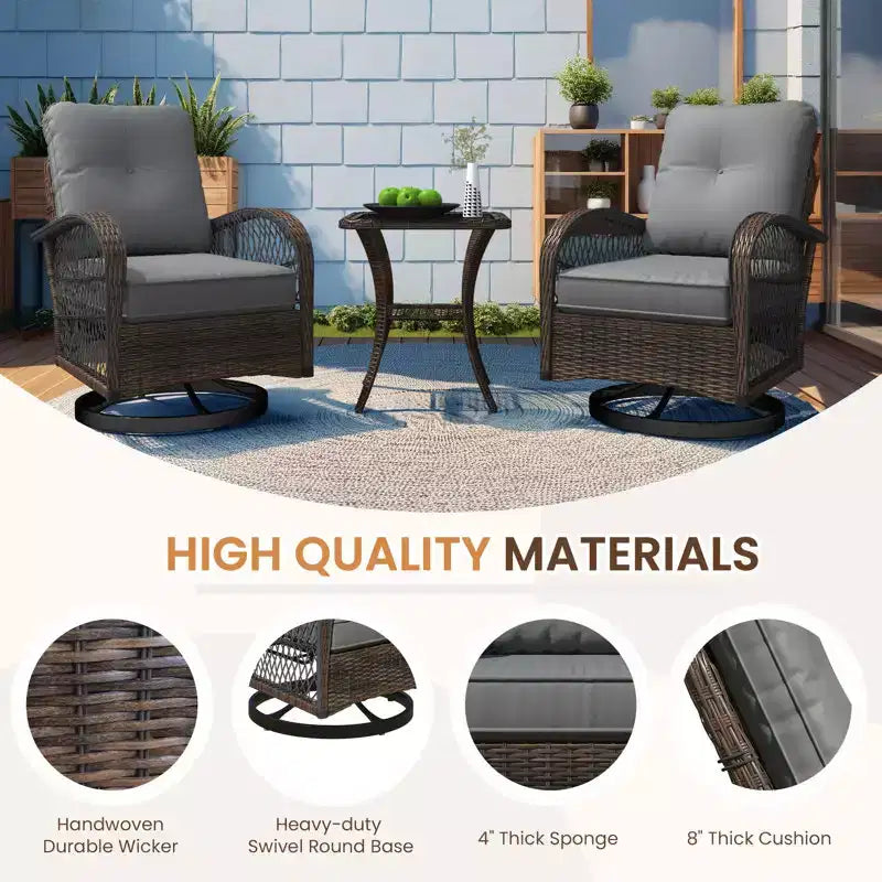 EROMMY Outdoor Swivel Rocker Bistro Set - 3 Piece Wicker Patio Set With 2 Swivel Rocking Chairs, Cushions, And Tempered Glass Side Table