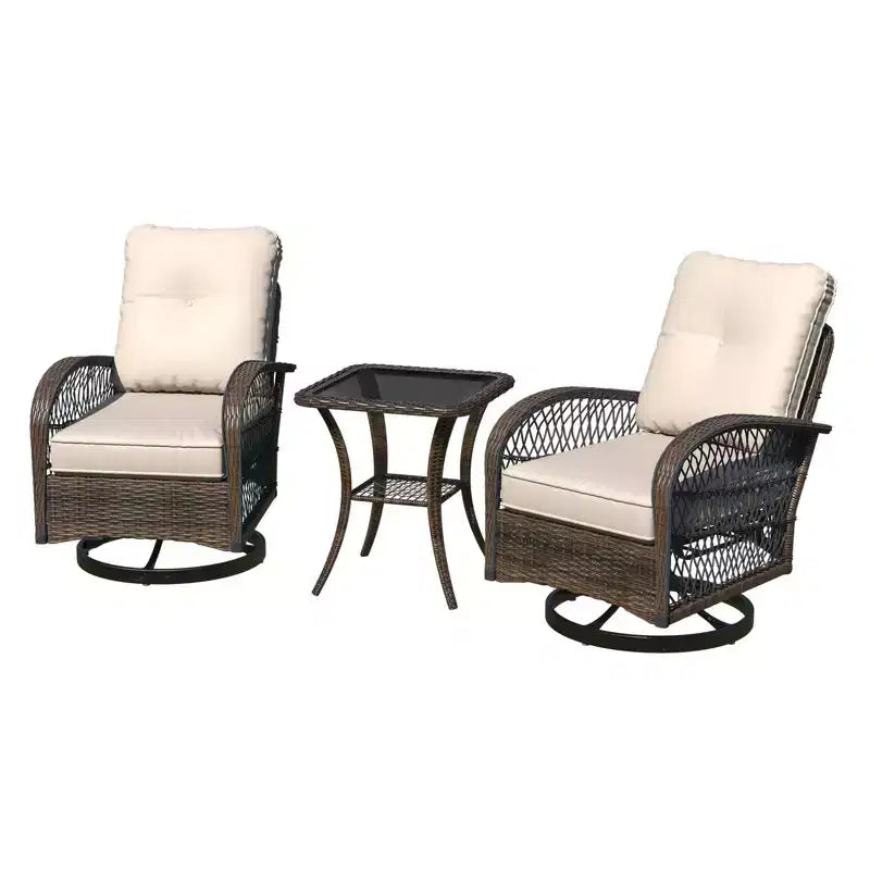 EROMMY Outdoor Swivel Rocker Bistro Set - 3 Piece Wicker Patio Set With 2 Swivel Rocking Chairs, Cushions, And Tempered Glass Side Table