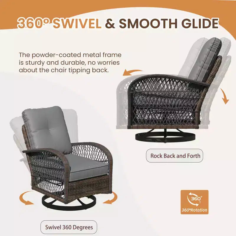 EROMMY Outdoor Swivel Rocker Bistro Set - 3 Piece Wicker Patio Set With 2 Swivel Rocking Chairs, Cushions, And Tempered Glass Side Table