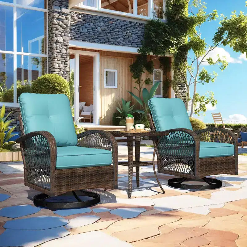 EROMMY Outdoor Swivel Rocker Bistro Set - 3 Piece Wicker Patio Set With 2 Swivel Rocking Chairs, Cushions, And Tempered Glass Side Table