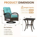 EROMMY Outdoor Swivel Rocker Bistro Set - 3 Piece Wicker Patio Set With 2 Swivel Rocking Chairs, Cushions, And Tempered Glass Side Table