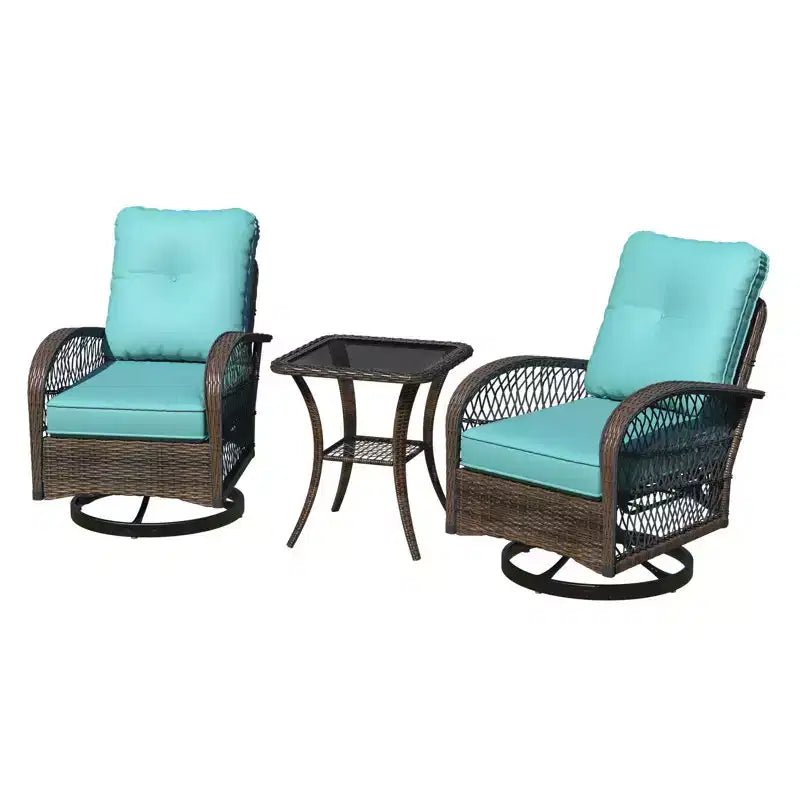 EROMMY Outdoor Swivel Rocker Bistro Set - 3 Piece Wicker Patio Set With 2 Swivel Rocking Chairs, Cushions, And Tempered Glass Side Table