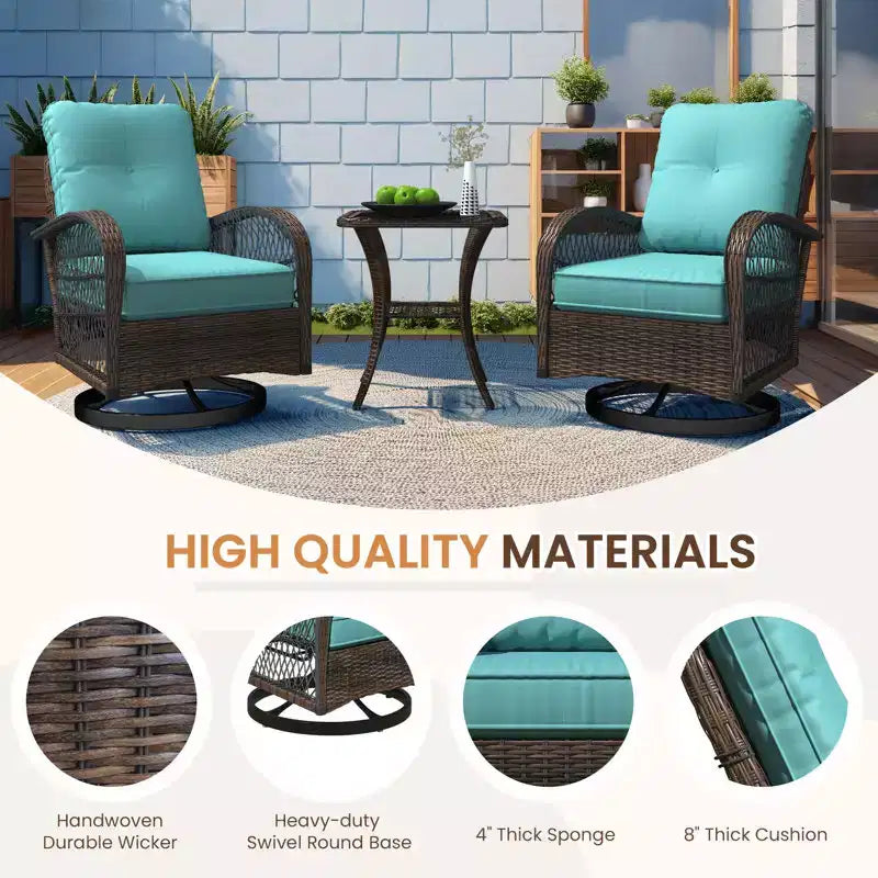 EROMMY Outdoor Swivel Rocker Bistro Set - 3 Piece Wicker Patio Set With 2 Swivel Rocking Chairs, Cushions, And Tempered Glass Side Table
