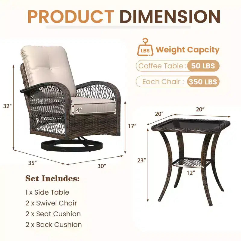 EROMMY Outdoor Swivel Rocker Bistro Set - 3 Piece Wicker Patio Set With 2 Swivel Rocking Chairs, Cushions, And Tempered Glass Side Table