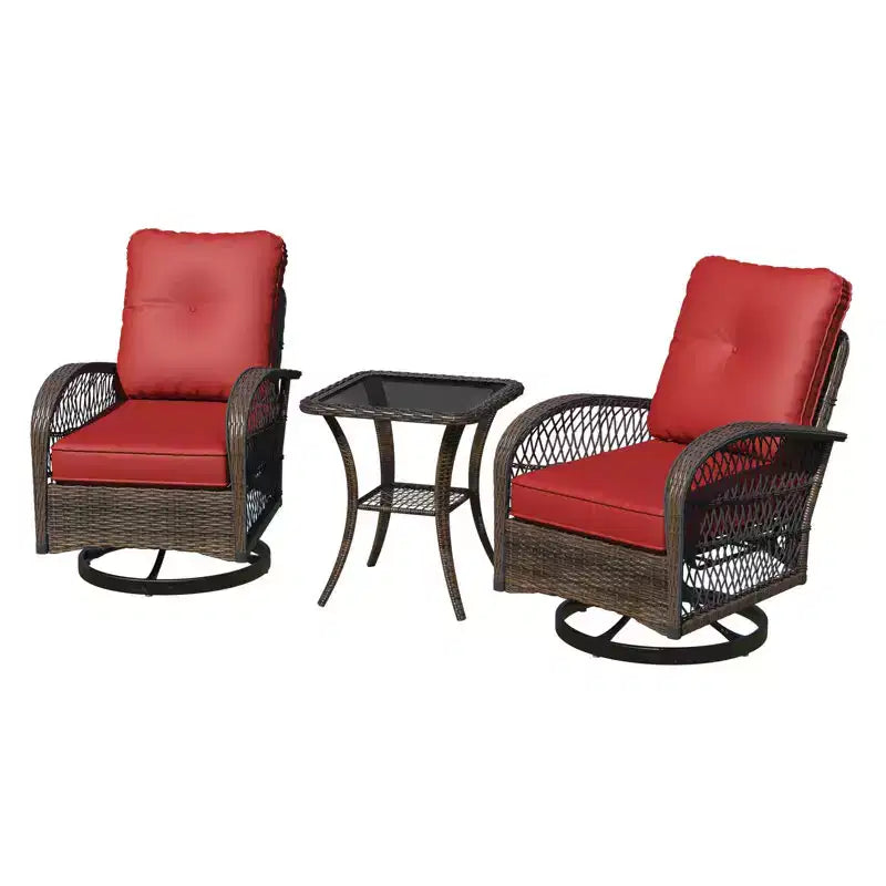 EROMMY Outdoor Swivel Rocker Bistro Set - 3 Piece Wicker Patio Set With 2 Swivel Rocking Chairs, Cushions, And Tempered Glass Side Table