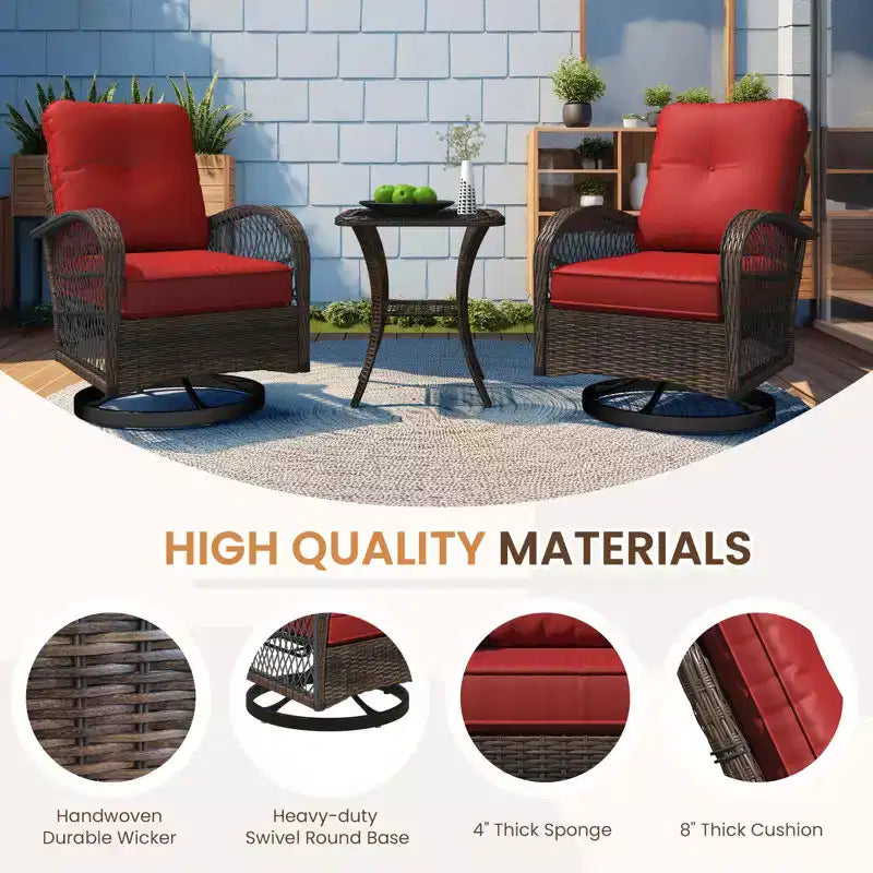 EROMMY Outdoor Swivel Rocker Bistro Set - 3 Piece Wicker Patio Set With 2 Swivel Rocking Chairs, Cushions, And Tempered Glass Side Table