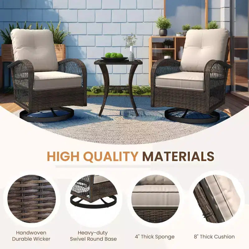 EROMMY Outdoor Swivel Rocker Bistro Set - 3 Piece Wicker Patio Set With 2 Swivel Rocking Chairs, Cushions, And Tempered Glass Side Table