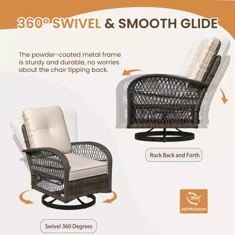 EROMMY Outdoor Swivel Rocker Bistro Set - 3 Piece Wicker Patio Set With 2 Swivel Rocking Chairs, Cushions, And Tempered Glass Side Table