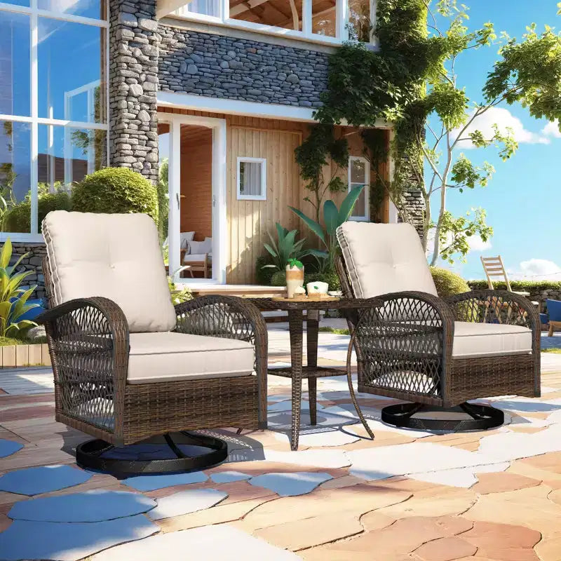 EROMMY Outdoor Swivel Rocker Bistro Set - 3 Piece Wicker Patio Set With 2 Swivel Rocking Chairs, Cushions, And Tempered Glass Side Table
